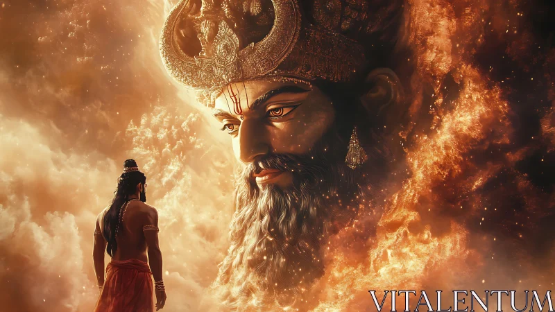 Mythic warrior confronting colossal fiery celestial visage