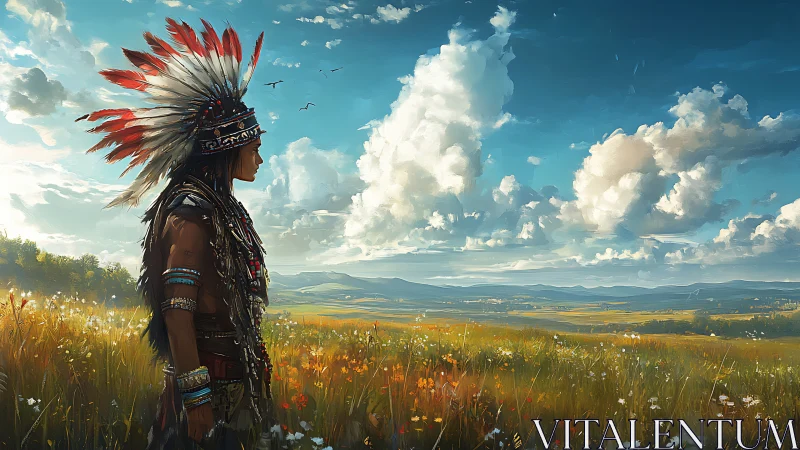 Indigenous figure in feathered headdress surveys open meadow