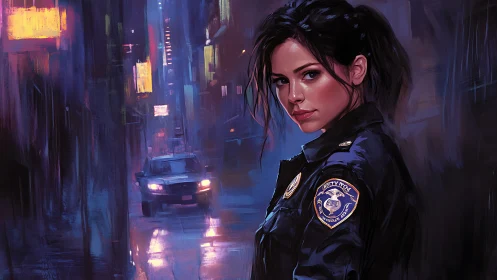 Noir night cop strides through neon-soaked city rainstorm.