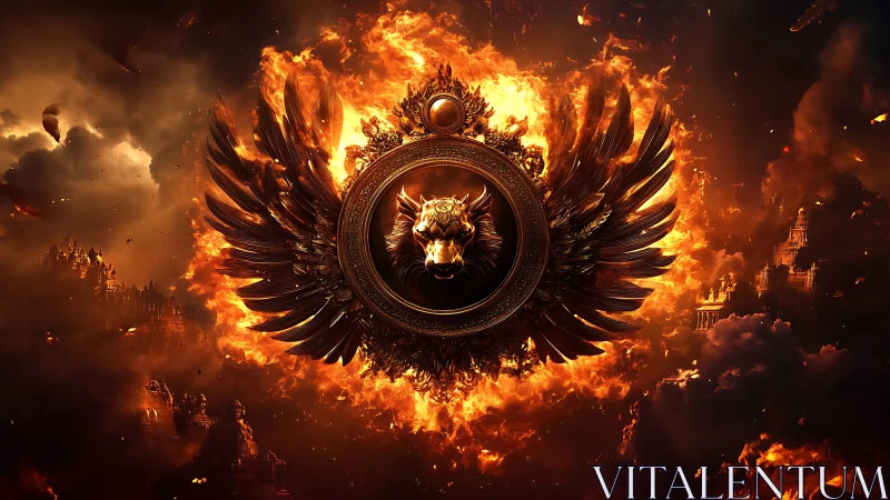 Winged lion emblem within ornate circle over flames.