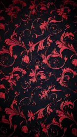 Baroque red floral scrollwork on dark ornamental backdrop.