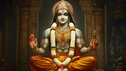 Serene blue-skinned deity seated in temple interior.