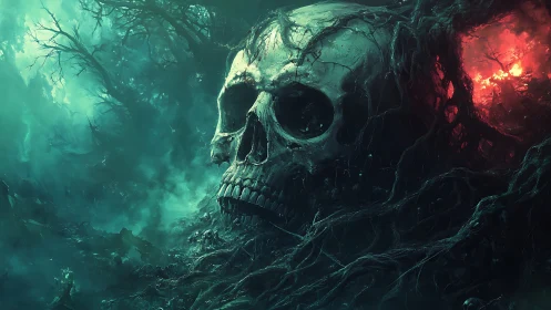 Haunting forest skull rests amid tangled roots and eerie fire