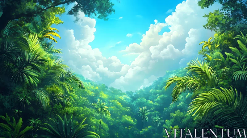 Verdant Tropical Canopy Valley with Cumulus-Laden Sky and Palm Fronds