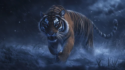 Stalking tiger strides through stormy moonlit snowfield