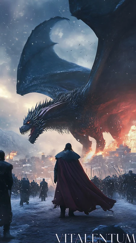 Dragon dominates burning siege under winter storm sky.