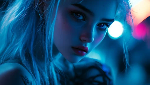 Neon blue gaze in a softly glowing night cityscape.