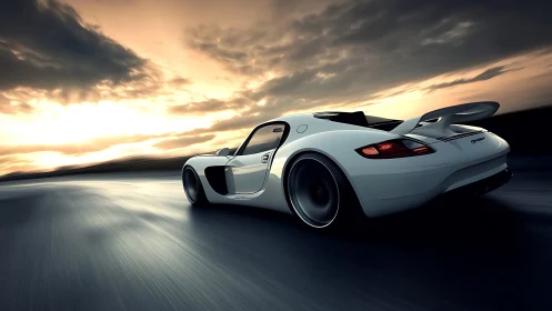 White supercar powers along coastal highway at dusk