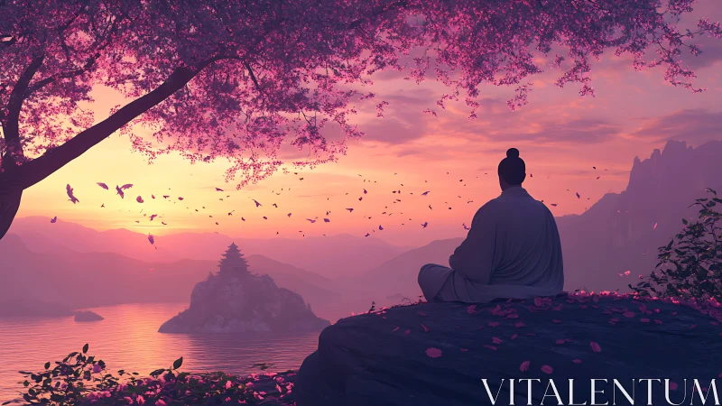 Monk beneath sakura skies dreaming over misty temple sea.