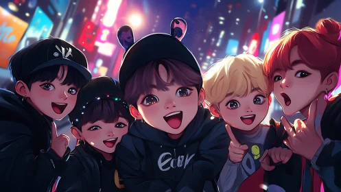 Friends share a neon city selfie in vibrant anime glow