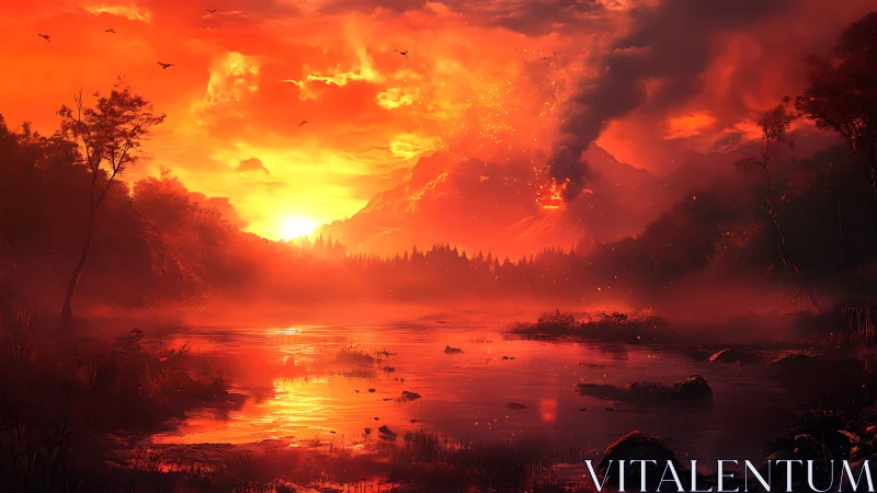 Sunset lake glows beneath a distant erupting volcano.