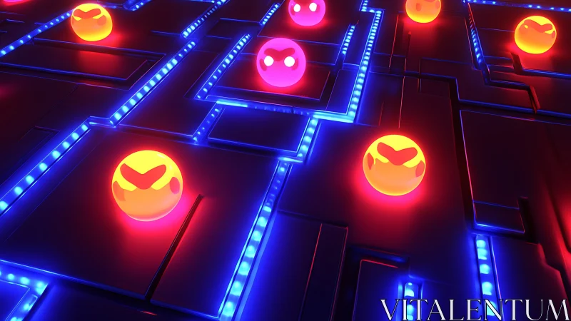 Neon emoji spheres hover over glowing blue circuit grid.