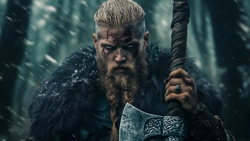 Storm-eyed Viking warrior pausing in a whispering winter forest.