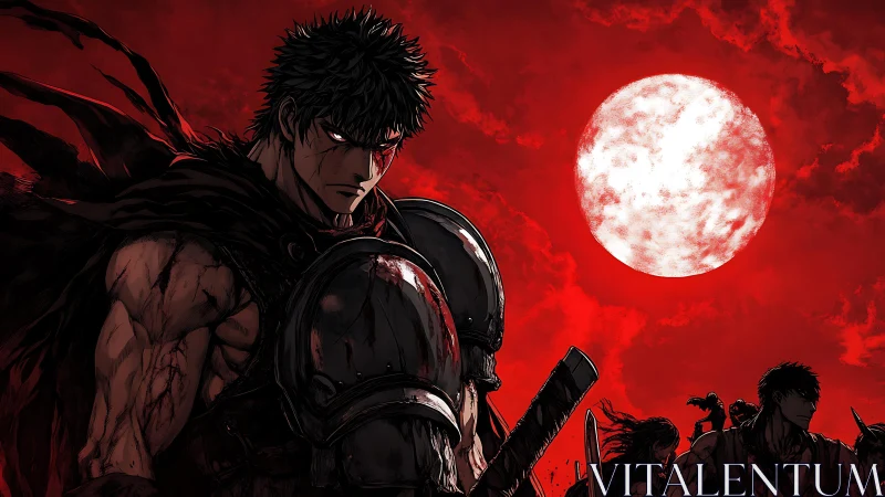 Battle-scarred swordsman under blood-red moon in high contrast ink