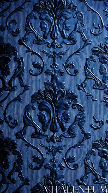 Ornate blue damask pattern with raised baroque motifs.