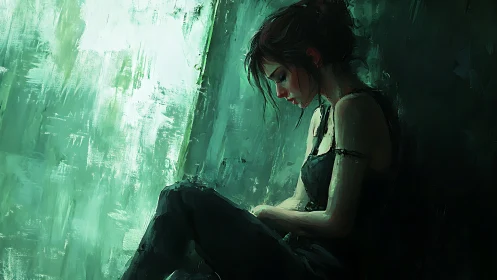 Solitary woman sits in green light, lost in quiet reflection