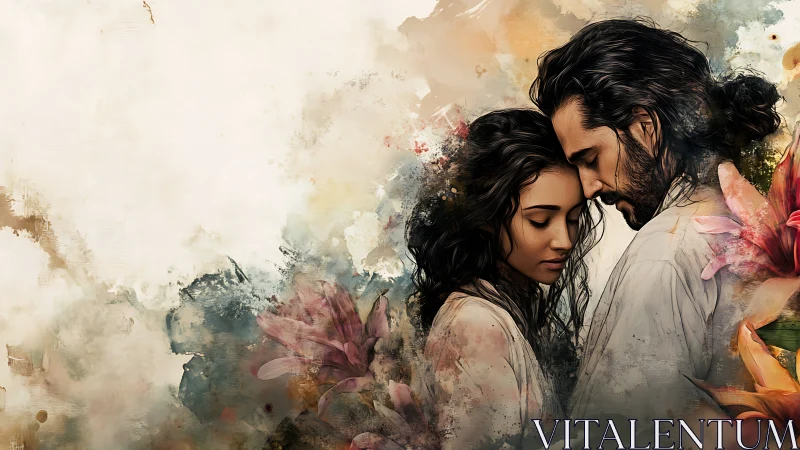 Watercolor portrait of couple with floral abstraction