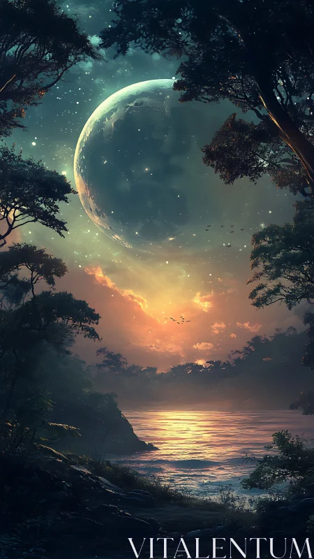 Enormous moon rises above tranquil alien shoreline at dusk.