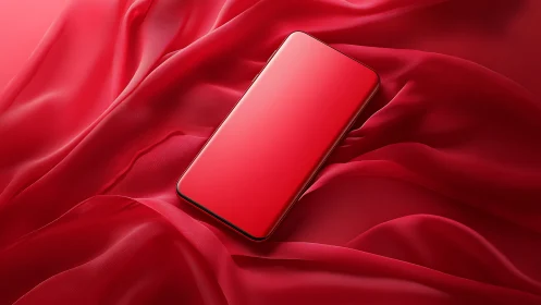 Crimson smartphone resting softly on flowing red silk folds.