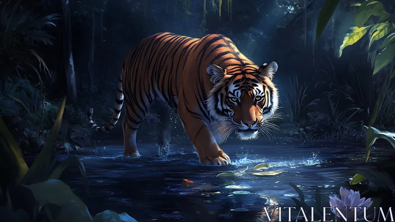 Tiger moves through shallow jungle water under cool moonlight