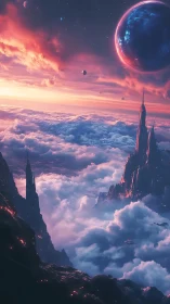 Celestial spires rise above neon clouds on alien horizon.