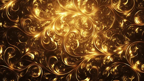Golden fractal filigree swirls with luminous metallic glow