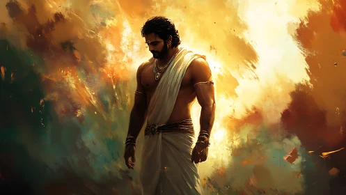 Mythic warrior figure in white drapery against fiery sky.