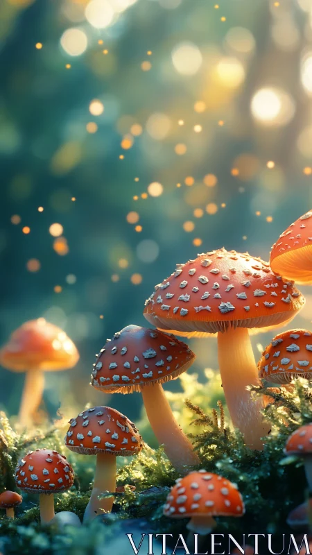Cluster of fly agaric mushrooms in soft forest light.