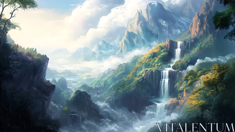 Layered mountain waterfalls cascade through misty forest valley