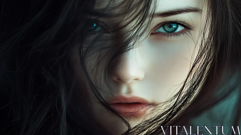 Storm-lit teal eyes framed by sweeping dark strands.