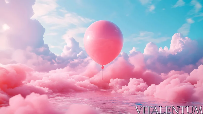 Soft pink balloon drifts above dreamy cotton candy clouds