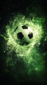 Glowing green energy erupts around a soaring soccer ball