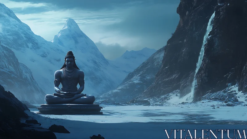 Large seated statue in icy mountain landscape under overcast sky