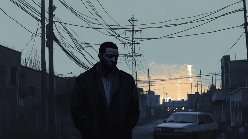 Digital painting of solitary man in urban dusk streetscape.