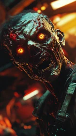 Bioluminescent-eyed zombie rendered in cinematic 3D horror