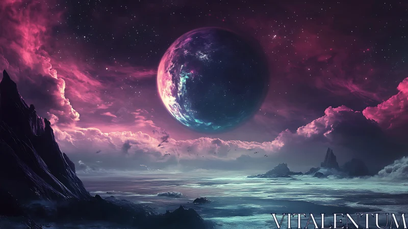 Distant planet above icy alien seascape under nebula sky.