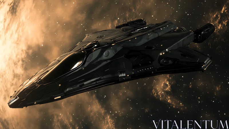 3D-rendered stealth starship with cinematic side lighting.