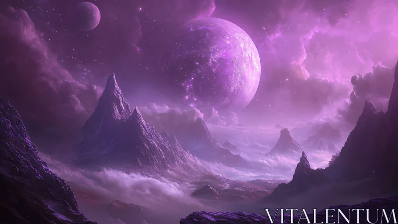 Nebular-lit alien mountain range under twin moons in violet spectrum