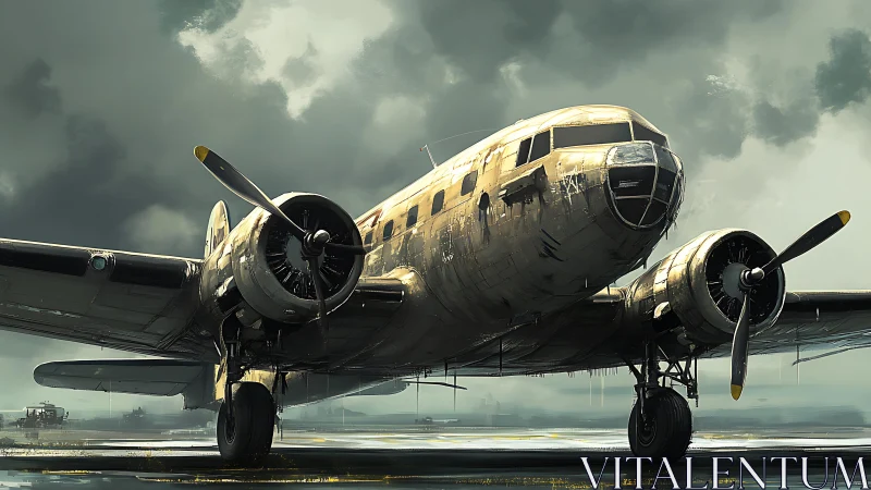 Twin‑engine propeller aircraft stands on wet airfield tarmac