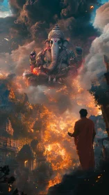 Ganesh deity above burning city with lone robed figure.