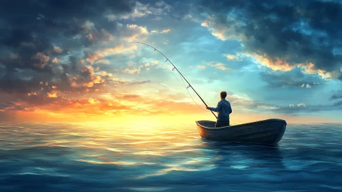 Lone fisherman casts line across glowing ocean sunrise