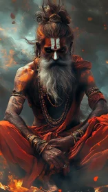 Digital painting of ascetic yogi in fiery meditative composition.