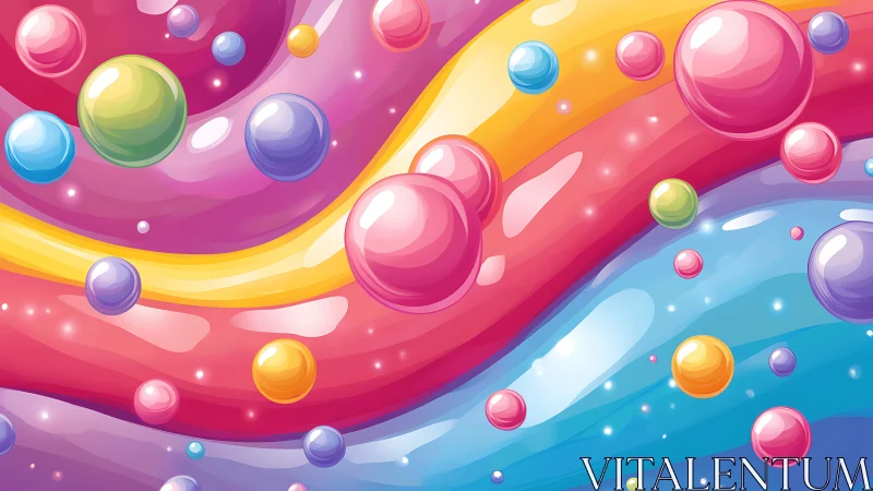 Candy-bright bubbles drift gently across swirling neon waves