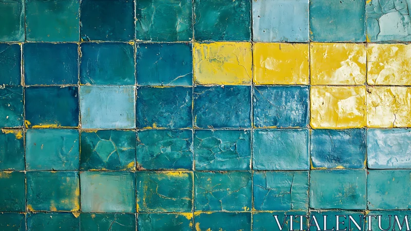 Vintage teal and yellow ceramic tile wall with rustic texture.