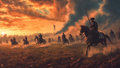 Gallant cavalry riders surge forward under a blazing sky at dusk