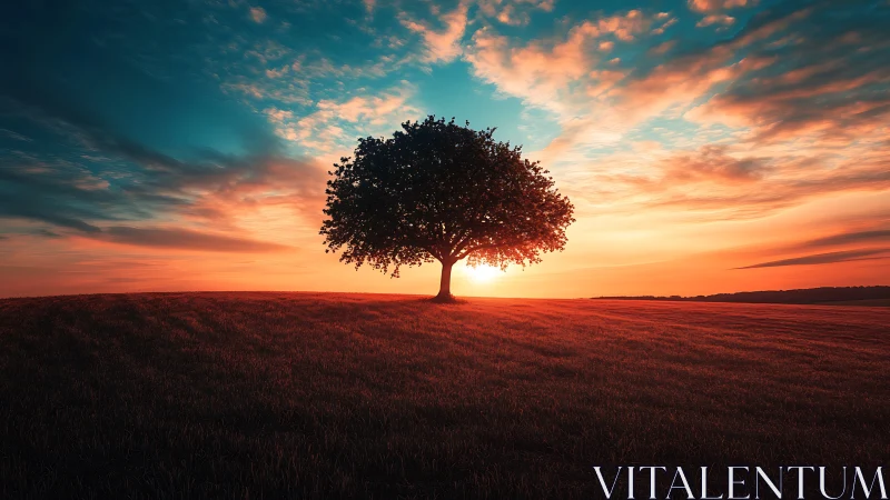 Solitary tree silhouette anchors a saturated sunset horizon