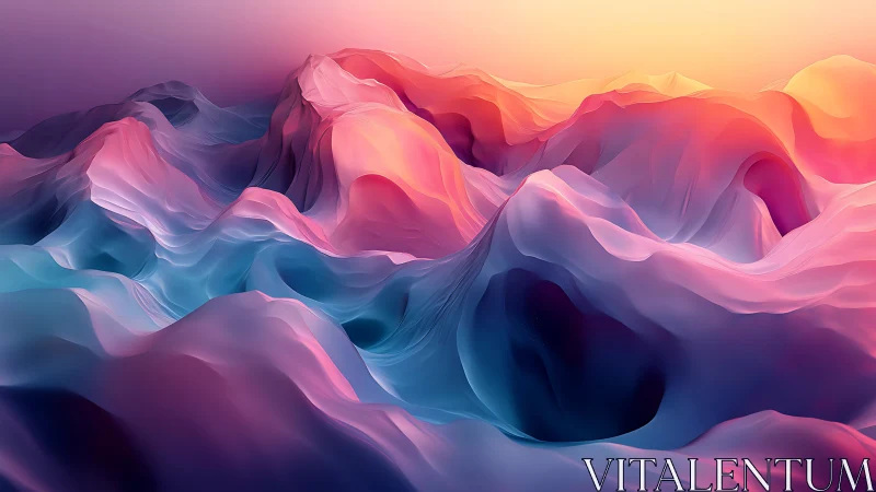Abstract 3D landscape shows fluid pastel mountains and valleys