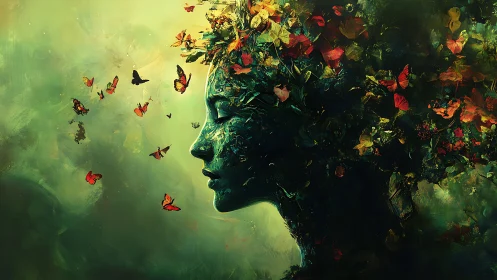Surreal green female face merging with leaves and butterflies.