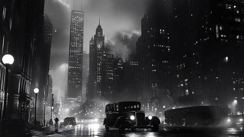 Noir-era city street glows under rain-soaked skyscrapers.