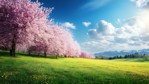 Digital painting of cherry blossom avenue in alpine spring light.